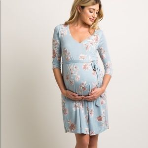 Light Blue Floral Sash Tie Maternity Dress
